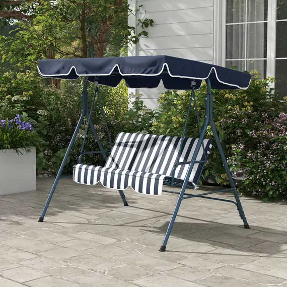 Buy Outsunny 3 Seater Garden Swing Chair, Outdoor Swing Chair with Adjustable Canopy, Mental Frame & Cushions, Blue, 9 image