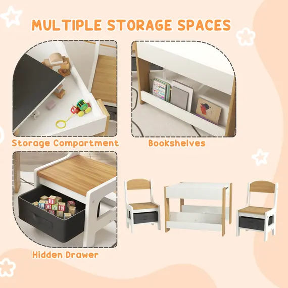Buy Three-Piece Kids Table and Chair Set with Blackboard, Storage, Bookshelves - Natural Wood, 6 image