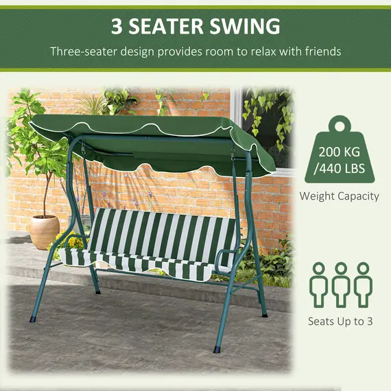 Buy 3 Seater Garden Swing Seat Chair Outdoor Bench with Adjustable Canopy and Metal Frame, Green Stripes, 6 image