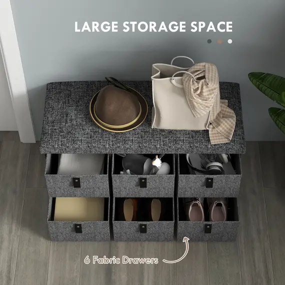 Buy Six-Drawer Shoe Storage Bench, with Padded Top Seat - Dark Grey, 5 image