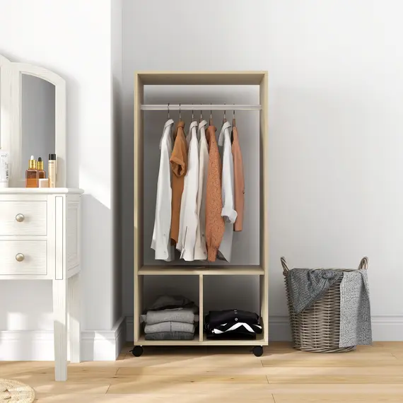 Buy Open Wardrobe on Wheels, Bedroom Wardrobe with Clothes Hanging Rail, 2 Storage Shelves, Mobile Garment Rack for Cloakroom, Hallway, Natural, 9 image