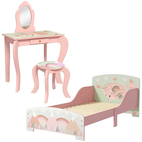 Buy ZONEKIZ Toddler Bed Frame, Kids Dressing Table with Mirror and Stool, Cute Animal Design Kids Bedroom Furniture Set for Ages 3-6 Years, Pink