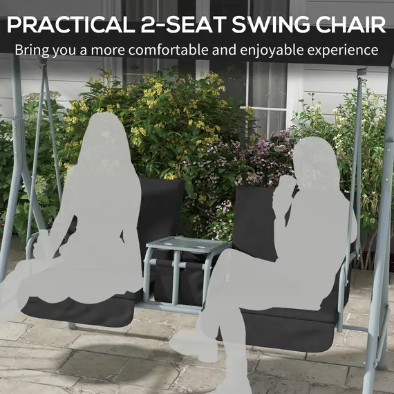 Buy Outsunny 2 Seater Garden Swing Chair Patio Rocking Bench w/ Tilting Canopy, Double Padded Seats, Storage Bag and Tray, Black, 7 image