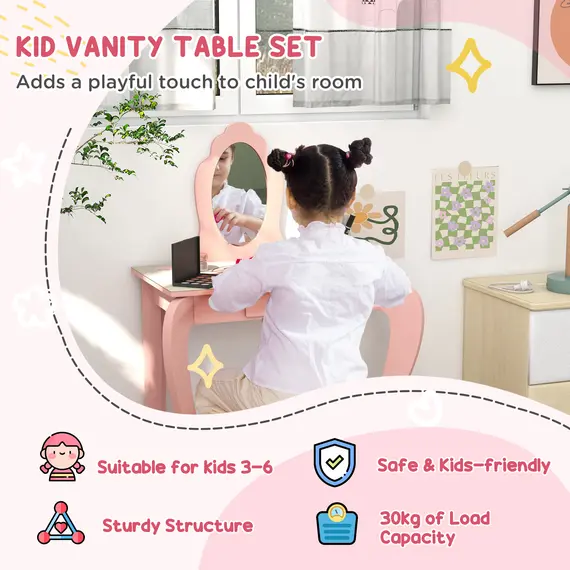 Buy ZONEKIZ Toddler Bed Frame, Kids Dressing Table with Mirror and Stool, Cute Animal Design Kids Bedroom Furniture Set for Ages 3-6 Years, Pink, 5 image