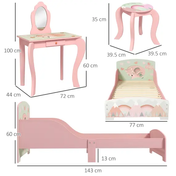 Buy ZONEKIZ Toddler Bed Frame, Kids Dressing Table with Mirror and Stool, Cute Animal Design Kids Bedroom Furniture Set for Ages 3-6 Years, Pink, 3 image