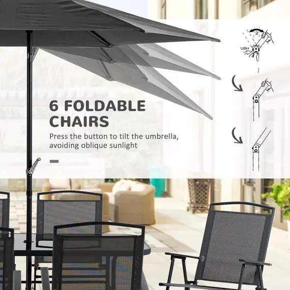 Buy Outsunny Eight-Piece Garden Dining Set, with Chairs, Table and Parasol - Black, 6 image