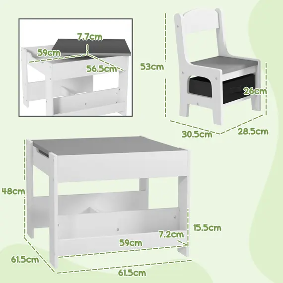 Buy Three-Piece Kids Table and Chair Set with Blackboard, Storage, Bookshelves - Grey, 3 image