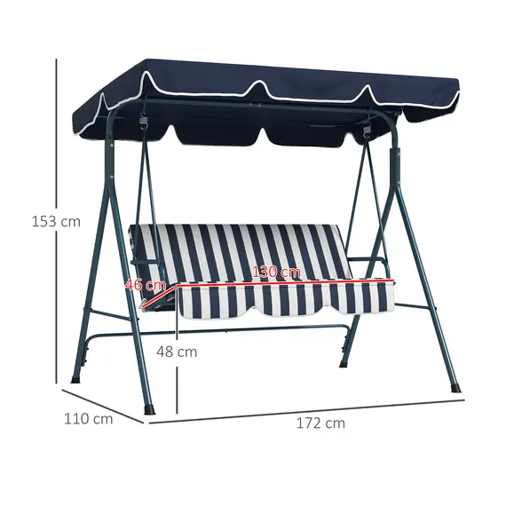 Buy Outsunny 3 Seater Garden Swing Chair, Outdoor Swing Chair with Adjustable Canopy, Mental Frame & Cushions, Blue, 3 image