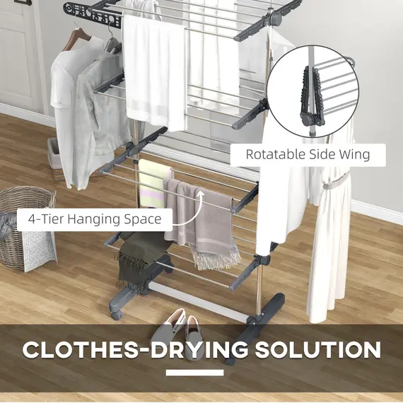 Buy Four-Shelf Collapsing Clothes Horse, With Side Arms and Wheels - Grey, 5 image