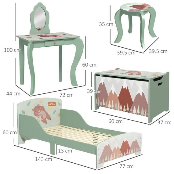 Buy ZONEKIZ Kids Bedroom Furniture Set Includes Bed Frame, Kids Toy Chest, Dressing Table with Mirror and Stoolfor Ages 3-6 Years, Green, 3 image