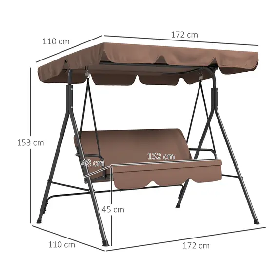 Buy Outsunny 3 Seater Garden Swing Chair, Outdoor Swing Chair with Adjustable Canopy, Mental Frame & Cushions, Brown, 3 image