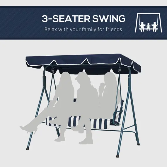 Buy Outsunny 3 Seater Garden Swing Chair, Outdoor Swing Chair with Adjustable Canopy, Mental Frame & Cushions, Blue, 6 image