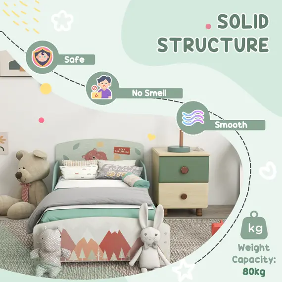 Buy ZONEKIZ Toddler Bed Frame, Kids Dressing Table with Mirror and Stool, Cute Animal Design Kids Bedroom Furniture Set for Ages 3-6 Years, Green, 4 image