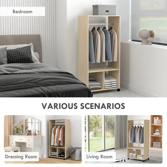 Buy Open Wardrobe on Wheels, Bedroom Wardrobe with Clothes Hanging Rail, 2 Storage Shelves, Mobile Garment Rack for Cloakroom, Hallway, Natural, 6 image