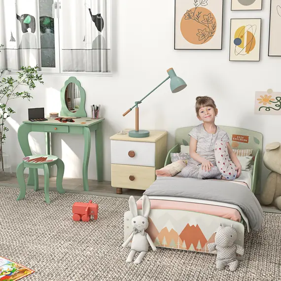 Buy ZONEKIZ Toddler Bed Frame, Kids Dressing Table with Mirror and Stool, Cute Animal Design Kids Bedroom Furniture Set for Ages 3-6 Years, Green, 2 image