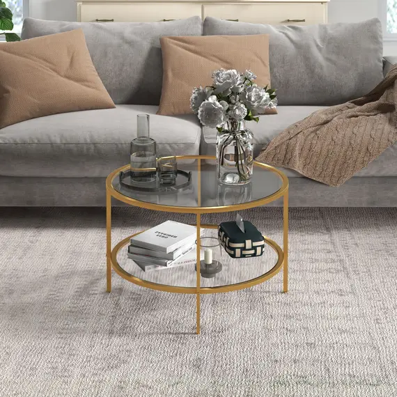 Buy Round Coffee Table with Storage, 2-Tier Tempered Glass Coffee Table with Steel Frame for Living Room, Gold Tone, 9 image