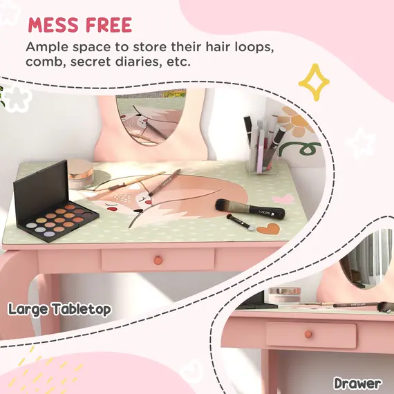 Buy ZONEKIZ Toddler Bed Frame, Kids Dressing Table with Mirror and Stool, Cute Animal Design Kids Bedroom Furniture Set for Ages 3-6 Years, Pink, 7 image
