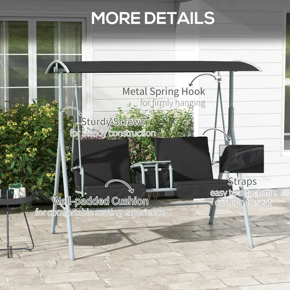Buy Outsunny 2 Seater Garden Swing Chair Patio Rocking Bench w/ Tilting Canopy, Double Padded Seats, Storage Bag and Tray, Black, 6 image