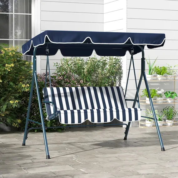 Buy Outsunny 3 Seater Garden Swing Chair, Outdoor Swing Chair with Adjustable Canopy, Mental Frame & Cushions, Blue, 2 image
