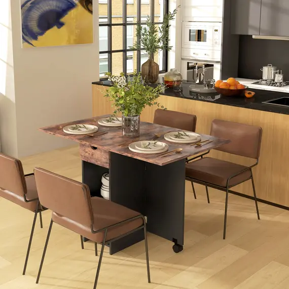 Buy Folding Dining Table, Drop Leaf Table for Small Spaces, Foldable Table with Drawer and Storage Shelves for Kitchen, Dining Room, Rustic Brown, 8 image