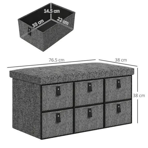 Buy Six-Drawer Shoe Storage Bench, with Padded Top Seat - Dark Grey, 3 image