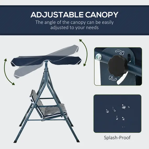 Buy Outsunny 3 Seater Garden Swing Chair, Outdoor Swing Chair with Adjustable Canopy, Mental Frame & Cushions, Blue, 4 image
