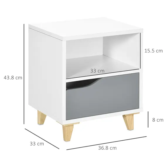 Buy Set of 2 Modern Bedside Tables with Shelves, Drawers and Wood Legs, 36.8cm x 33cm x 43.8cm, White and Grey, 3 image