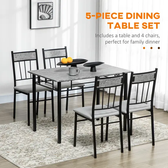 Buy Five-Piece Marble Effect Dining Table Set - Grey/Black, 4 image