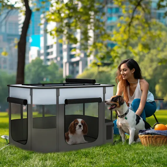 Buy Foldable Dog Pen with Storage Bag for Indoor/Outdoor Use - Grey, 2 image
