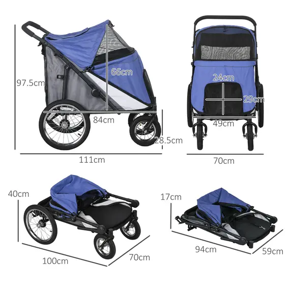 Buy Foldable Pet Stroller, with Washable Cushion, Storage Bags, Safety Leash, for Medium, Large Dogs, Cats - Blue, 3 image