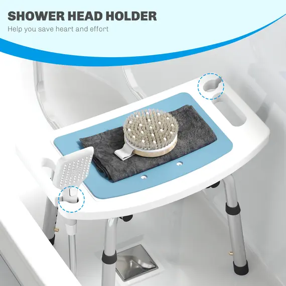 Buy Shower Stool with Backrest, Height Adjustable Shower Chair with Anti-slip Foot Pads, Shower Head Holder, Light Blue, 5 image