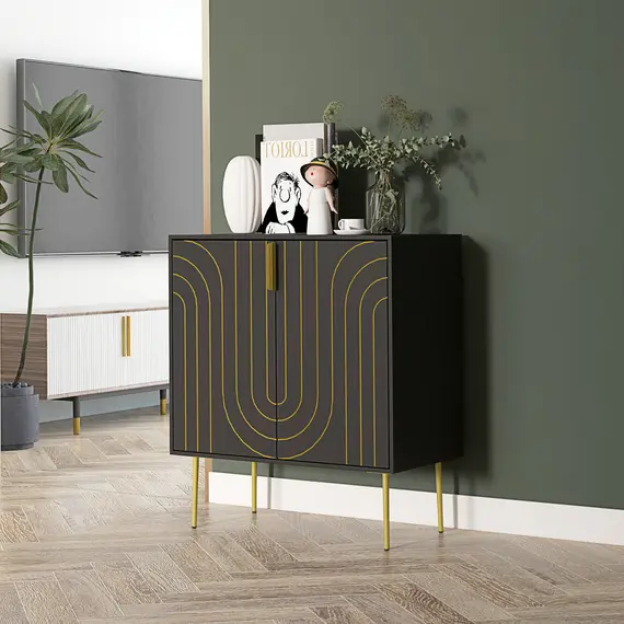Buy Art Deco Inspired Sideboard, with Adjustable Shelf - Black/Gold Tone, 3 image