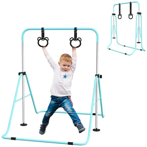 Buy HOMCOM Adjustable Height, Foldable Kids Gymnastics Bar w/ Non-slip Rubber Floor Rings, for 3+ Years, Green