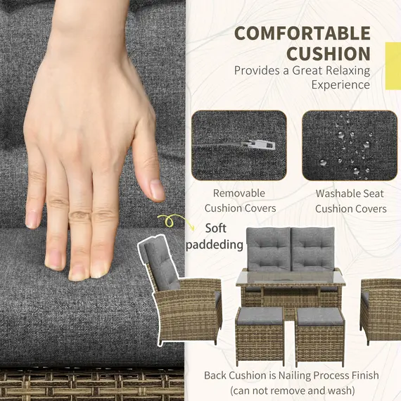 Buy Outsunny Six-Piece Rattan Garden Set, with Reclining Chairs - Grey, 5 image