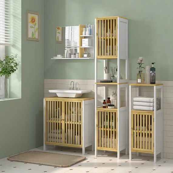 Buy Bamboo Panel Bathroom Mirror, with Shelves - White, 7 image