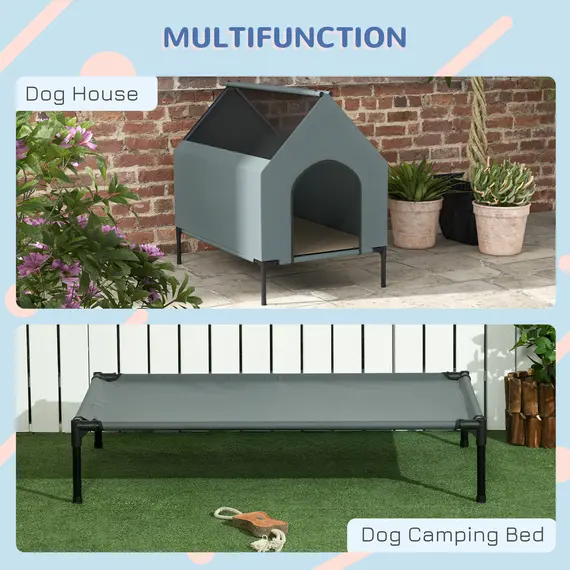 Buy PawHut Dog House Outdoor Elevated Dog Bed with Removable Cover, Mesh Windows, Storage Bag, for S and M-Sized Dogs, Grey, 5 image
