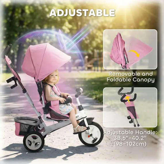 Buy 6 in 1 Kids Trike with Parent Handle, Canopy, 5-point Seat Belt, Storage, Footrest, Brake, for 1-5 Years, Pink, 5 image