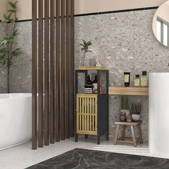Buy Bamboo-Blend Retro Cut-Out Bathroom Storage Unit, with Cupboard, 2 image