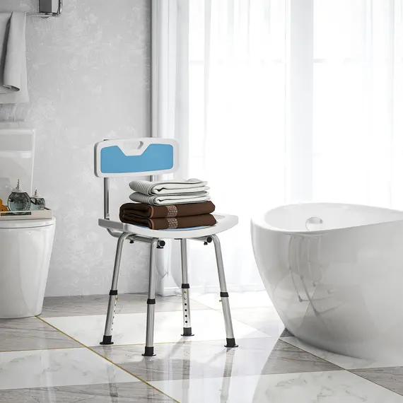 Buy Shower Stool with Backrest, Height Adjustable Shower Chair with Anti-slip Foot Pads, Shower Head Holder, Light Blue, 2 image