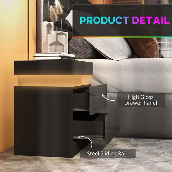 Buy Black Bedside Table with LED Light, High Gloss Front Nightstand with 2 Drawers, for Living Room, Bedroom, 7 image