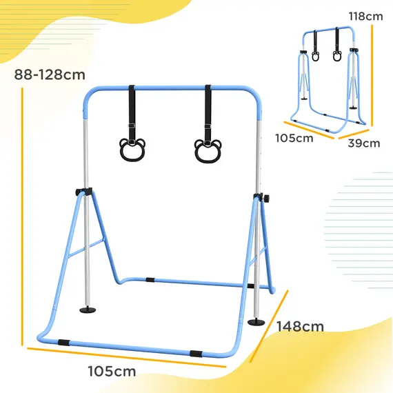 Buy HOMCOM Adjustable Height, Foldable Kids Gymnastics Bar w/ Non-slip Rubber Floor Rings, for 3+ Years, Blue, 3 image