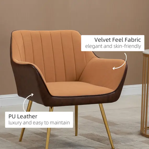 Buy Velvet Armchairs, Upholstered Accent Chairs with Golden Steel Legs, Modern Vanity Chairs for Living Room and Bedroom, Set of 2, Light Brown, 4 image