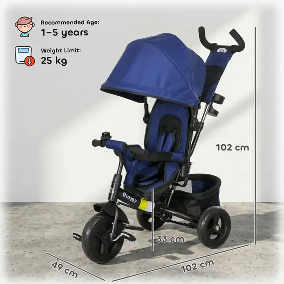 Buy 6 in 1 Kids Trike with Parent Handle, Canopy, 5-point Seat Belt, Storage, Footrest, Brake, for 1-5 Years, Dark Blue, 3 image