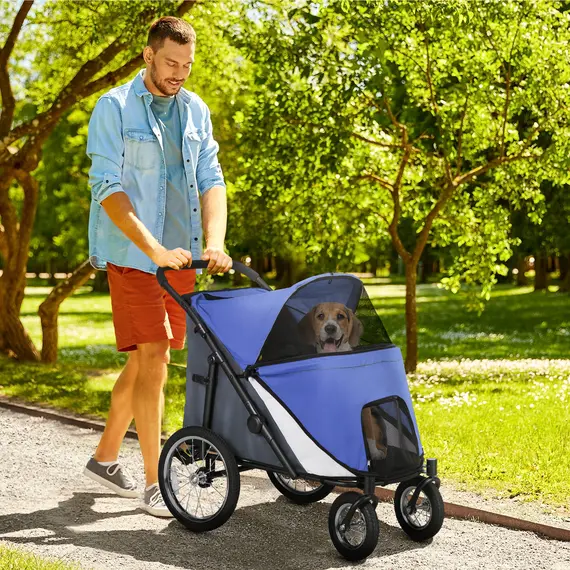 Buy Foldable Pet Stroller, with Washable Cushion, Storage Bags, Safety Leash, for Medium, Large Dogs, Cats - Blue, 2 image