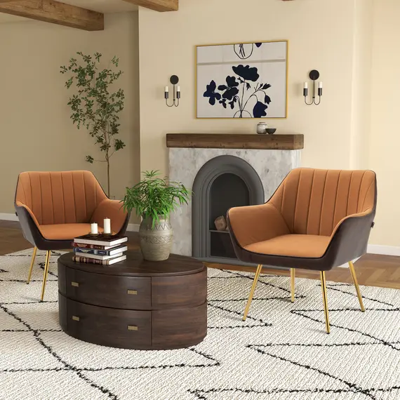 Buy Velvet Armchairs, Upholstered Accent Chairs with Golden Steel Legs, Modern Vanity Chairs for Living Room and Bedroom, Set of 2, Light Brown, 2 image