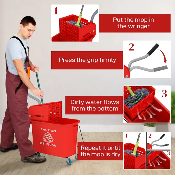 Buy 20L Compact Mop Bucket on Wheels, with Water Separation Panel - Red, 6 image