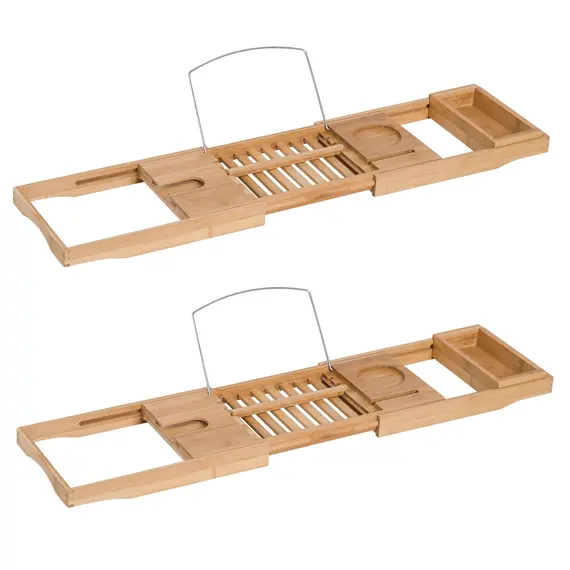 Buy Extendable Bamboo Bathtub Shelf Rack Bath Caddy Tray Bathroom Storage, Set of 2