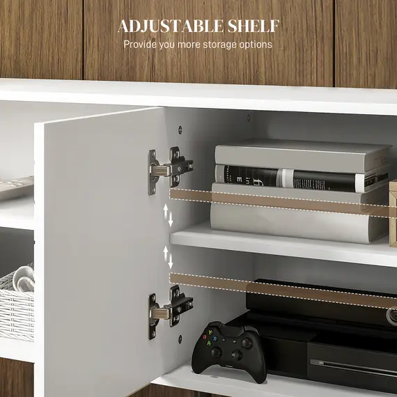 Buy TV Stand with Cupboard, Open Shelves, Striped Doors, Wooden legs, White, 5 image