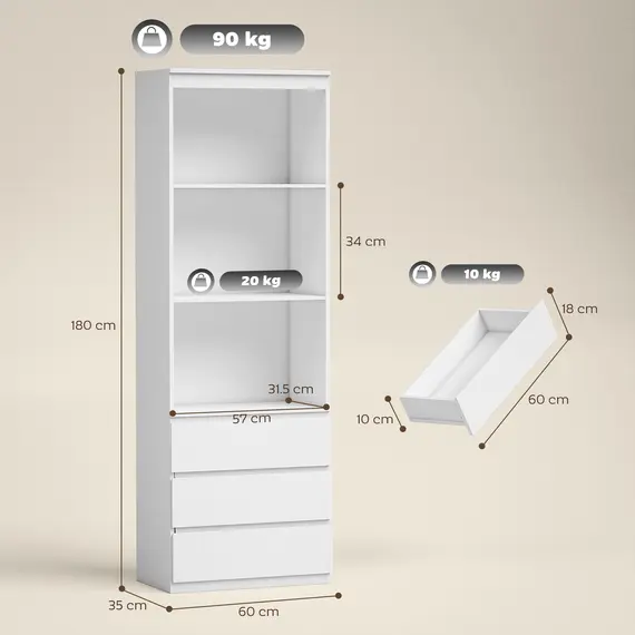 Buy 180cm Tall Bookcase, with Shelves and Drawers - White, 3 image