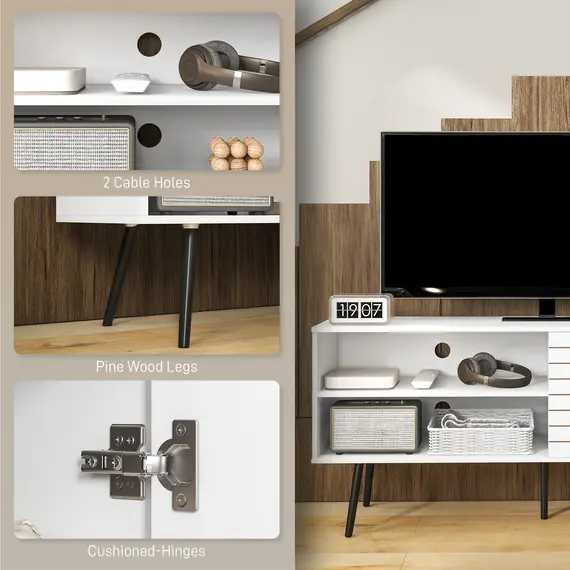 Buy TV Stand with Cupboard, Open Shelves, Striped Doors, Wooden legs, White, 6 image